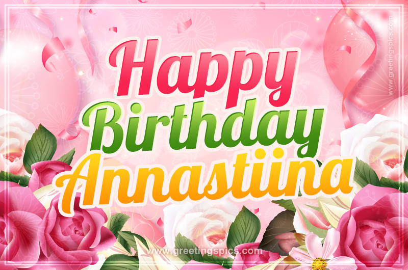 Image with gentle pink background and flowers Happy Birthday Annastiina