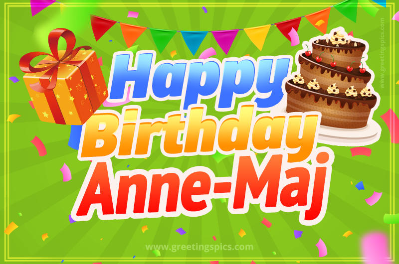 Happy Birthday Anne-Maj picture with flags, chocolate cake and gift box