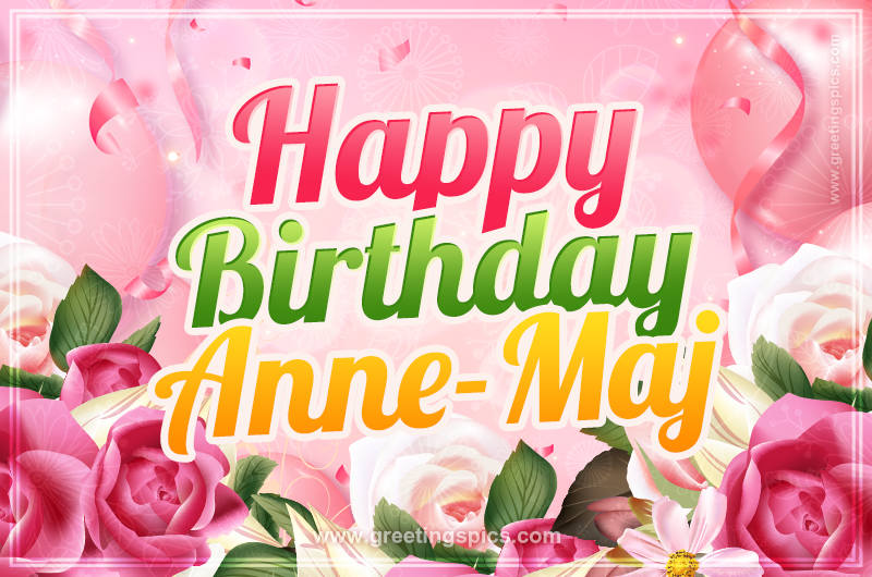 Image with gentle pink background and flowers Happy Birthday Anne-Maj