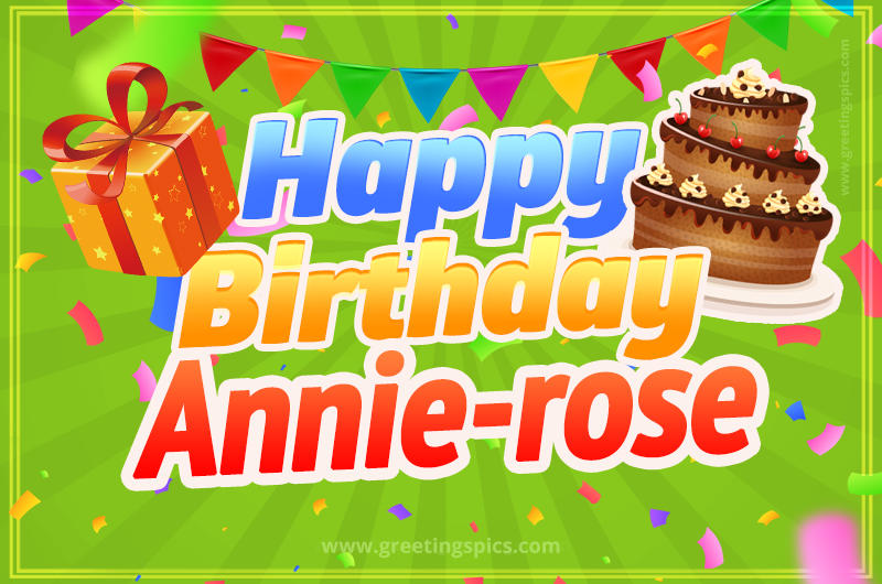 Happy Birthday Annie-rose picture with flags, chocolate cake and gift box