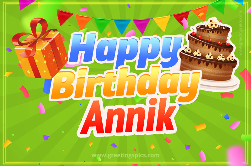 Happy Birthday Annik picture with flags, chocolate cake and gift box