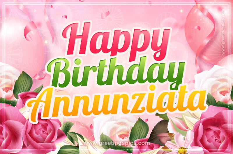 Image with gentle pink background and flowers Happy Birthday Annunziata