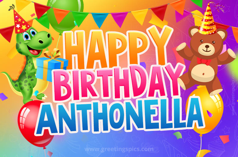 Happy Birthday Anthonella Image for a child with cute dinosaur and bear