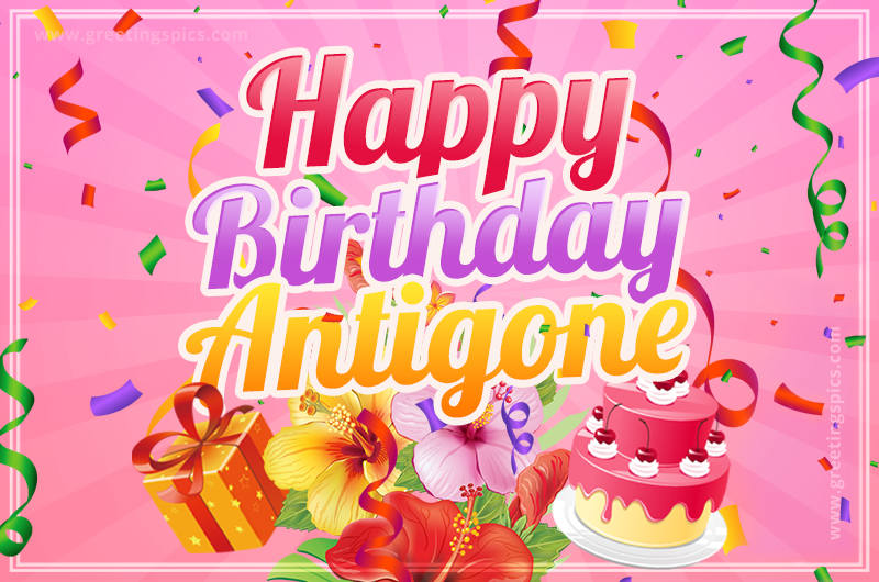 Beautiful Birthday Card for Antigone with Cake and bouquet of flowers