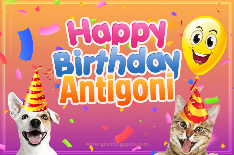 Happy Birthday Antigoni Funny Image with cat and dog