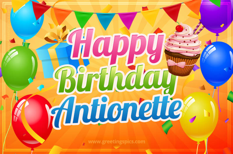 Happy Birthday Antionette eCard with gift box and cupcake