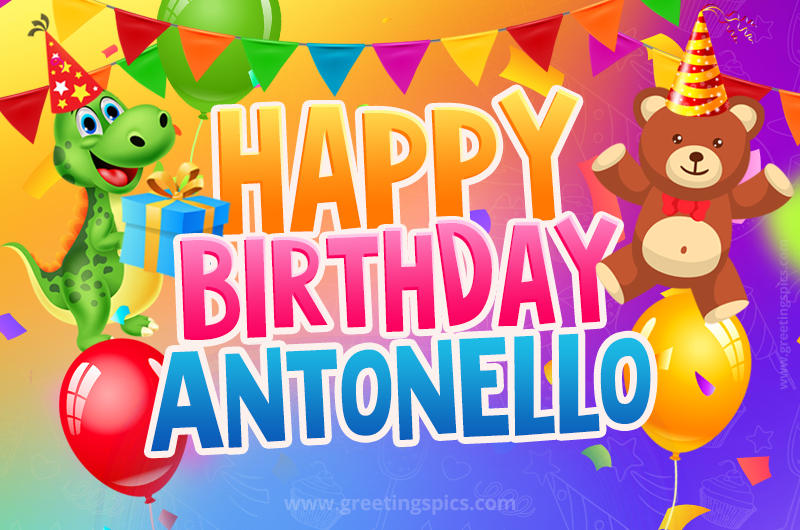 Happy Birthday Antonello Image for a child with cute baby dinosaur and bear