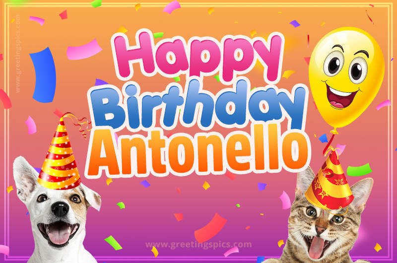 Happy Birthday Antonello Funny Image with cat and dog