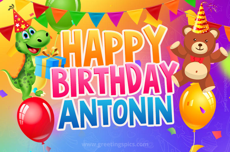 Happy Birthday Antonin Image for a child with cute baby dinosaur and bear