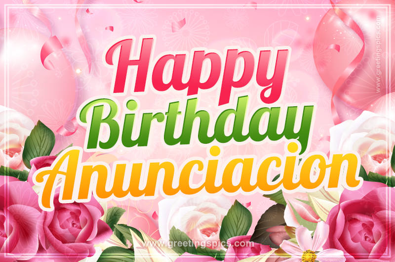 Image with gentle pink background and flowers Happy Birthday Anunciacion