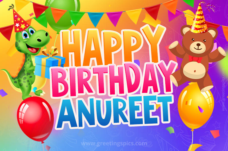 Happy Birthday Anureet Image for a child with cute dinosaur and bear