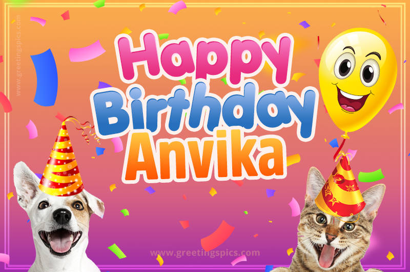 Happy Birthday Anvika Funny Image with cat and dog