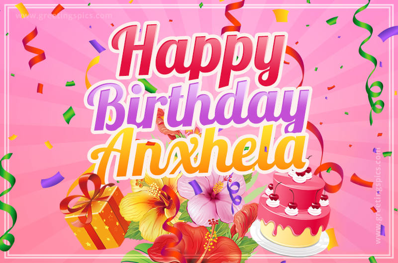 Beautiful Birthday Card for Anxhela with Cake and bouquet of flowers