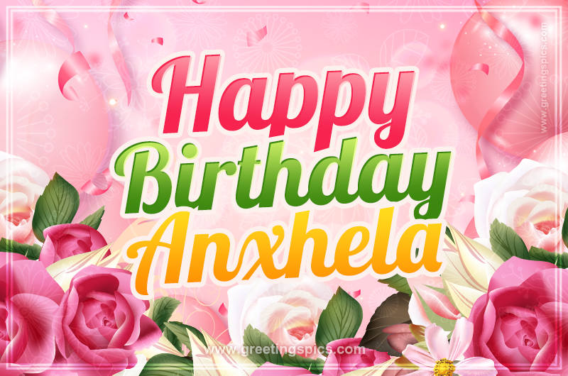 Image with gentle pink background and flowers Happy Birthday Anxhela