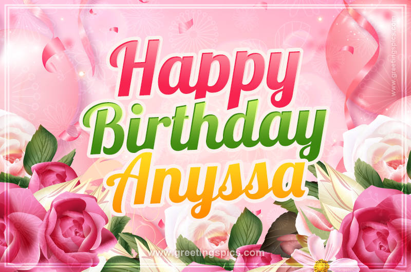 Image with gentle pink background and flowers Happy Birthday Anyssa