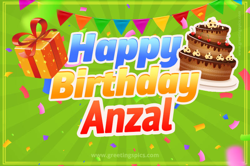 Happy Birthday Anzal picture with flags, chocolate cake and gift box