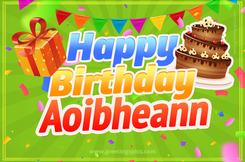 Happy Birthday Aoibheann picture with flags, chocolate cake and gift box