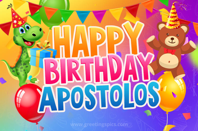 Happy Birthday Apostolos Image for a child with cute baby dinosaur and bear