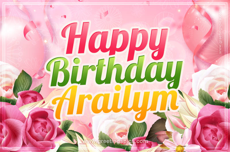 Image with gentle pink background and flowers Happy Birthday Arailym