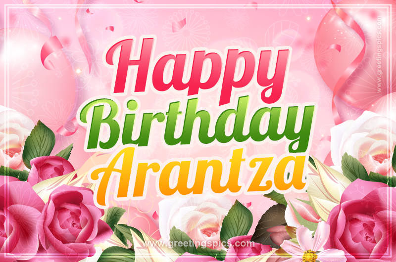 Image with gentle pink background and flowers Happy Birthday Arantza