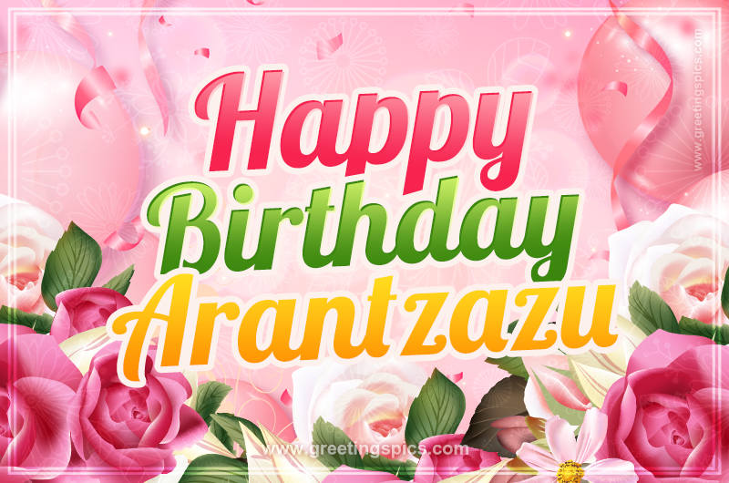 Image with gentle pink background and flowers Happy Birthday Arantzazu