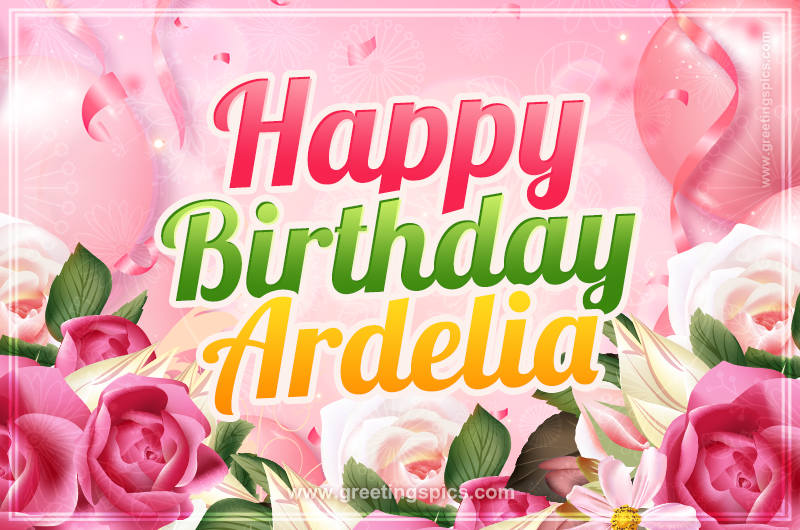 Image with gentle pink background and flowers Happy Birthday Ardelia