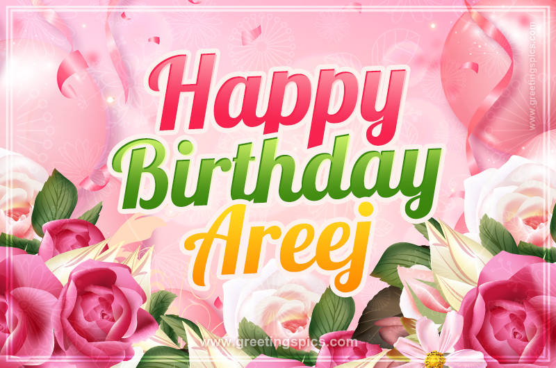 Image with gentle pink background and flowers Happy Birthday Areej