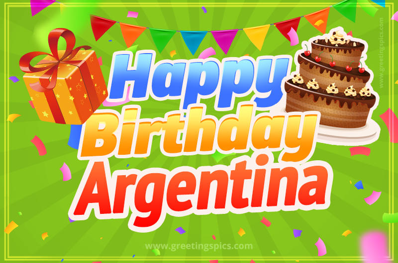 Happy Birthday Argentina picture with flags, chocolate cake and gift box