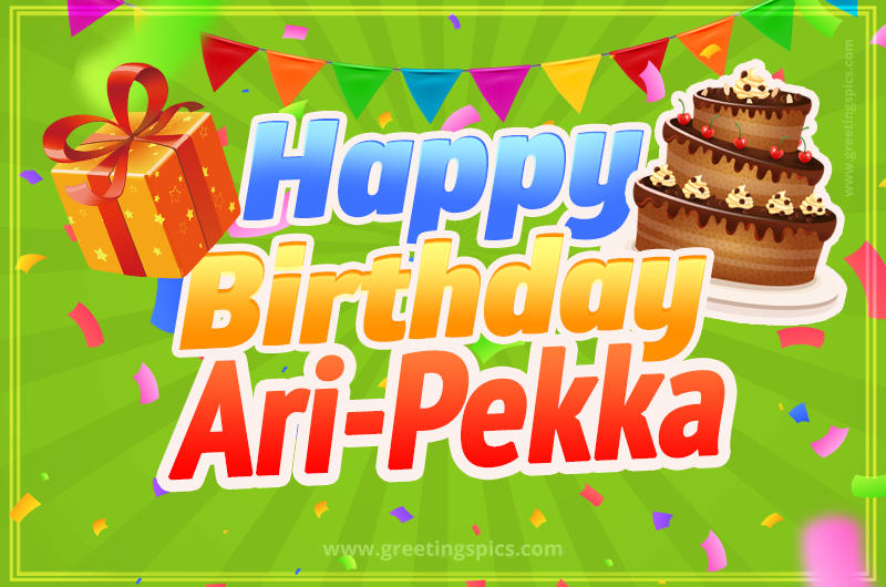 Happy Birthday Ari-Pekka picture with flags, chocolate cake and gift box