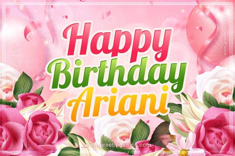 Image with gentle pink background and flowers Happy Birthday Ariani