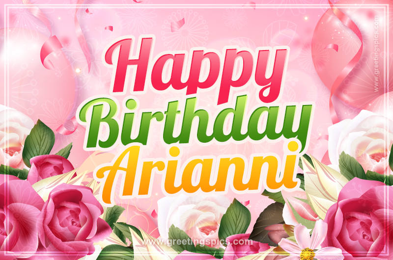 Image with gentle pink background and flowers Happy Birthday Arianni