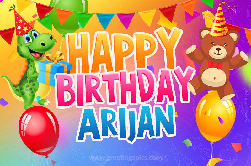 Happy Birthday Arijan Image for a child with cute baby dinosaur and bear