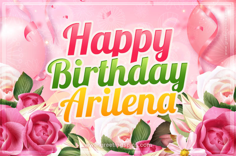 Image with gentle pink background and flowers Happy Birthday Arilena