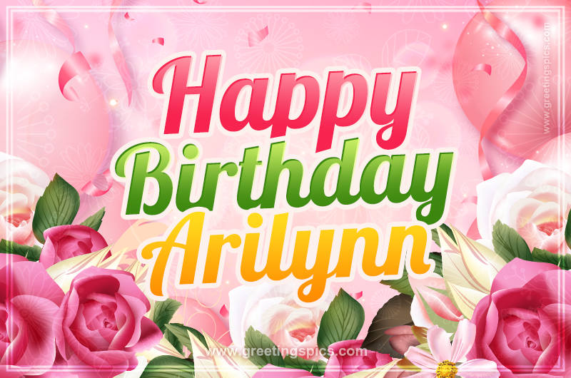 Image with gentle pink background and flowers Happy Birthday Arilynn