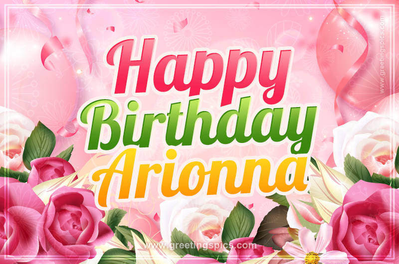 Image with gentle pink background and flowers Happy Birthday Arionna