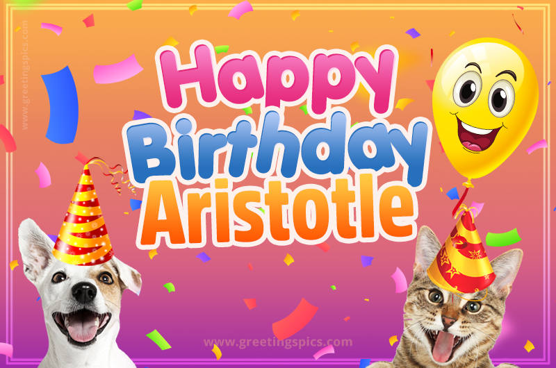 Happy Birthday Aristotle Funny Image with cat and dog