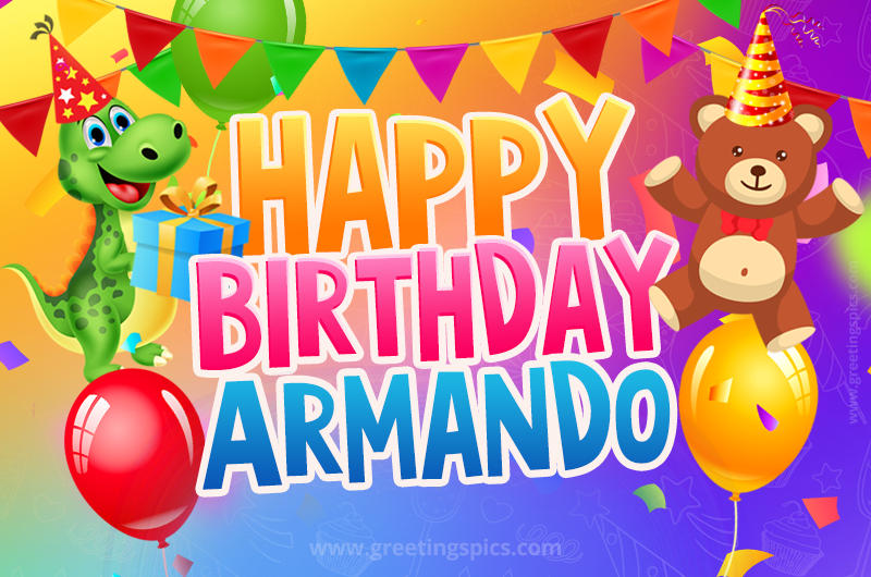 Happy Birthday Armando Image for a child with cute baby dinosaur and bear