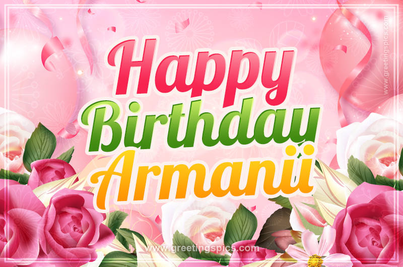 Image with gentle pink background and flowers Happy Birthday Armanii