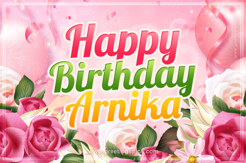 Image with gentle pink background and flowers Happy Birthday Arnika