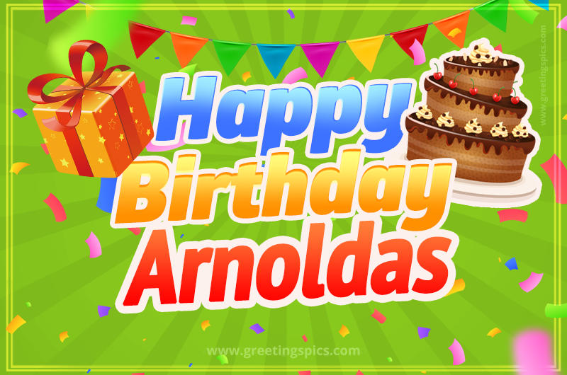 Happy Birthday Arnoldas picture with flags, chocolate cake and gift box