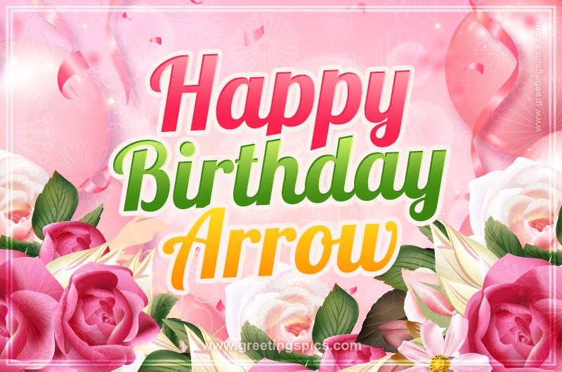 Image with gentle pink background and flowers Happy Birthday Arrow