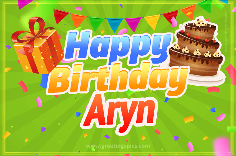 Happy Birthday Aryn picture with flags, chocolate cake and gift box