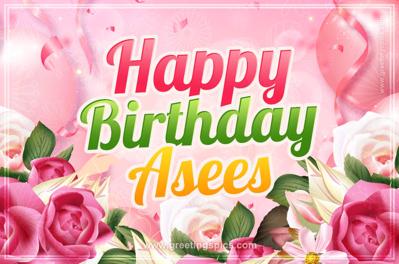 Image with gentle pink background and flowers Happy Birthday Asees