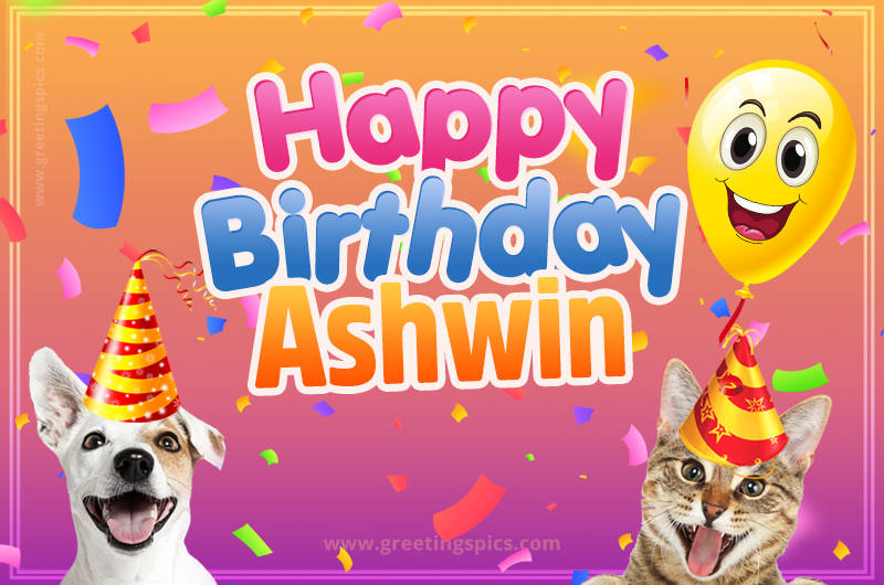 Happy Birthday Ashwin Funny Image with cat and dog