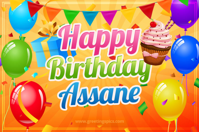 Happy Birthday Assane eCard with gift box and cupcake