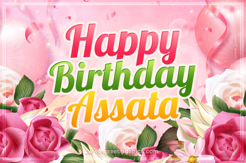 Image with gentle pink background and flowers Happy Birthday Assata