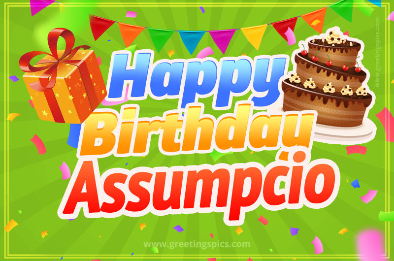 Happy Birthday Assumpcio picture with flags, chocolate cake and gift box