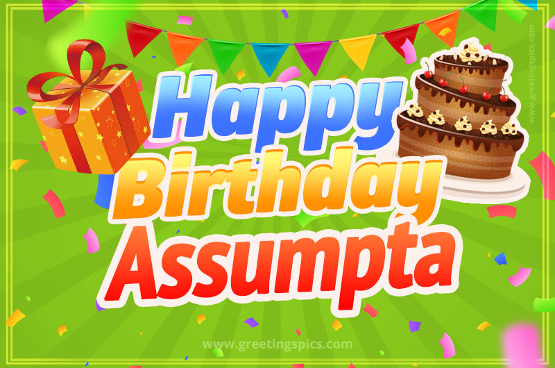 Happy Birthday Assumpta picture with flags, chocolate cake and gift box