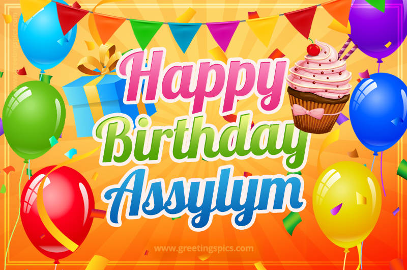 Happy Birthday Assylym eCard with gift box and cupcake