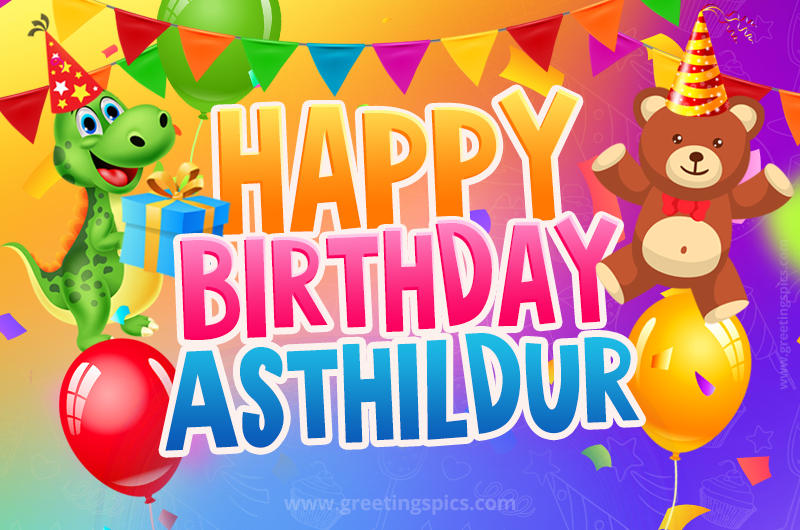 Happy Birthday Asthildur Image for a child with cute dinosaur and bear